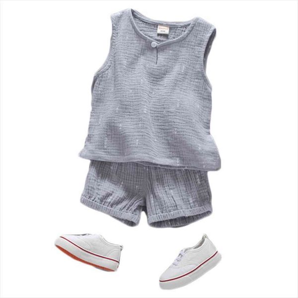 summer solid sleeveless children clothing sets for boy cotton and linen vest pants baby vests girl clothes outfits, White