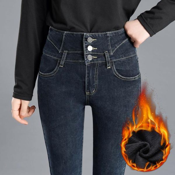 women's jeans women fleece vintage high waist button warm thicken pencil pants female fashion skinny slim denim trousers, Blue 
women's jeans women fleece vintage high waist button warm thicken pencil pants female fashion skinny slim denim trousers, Blue