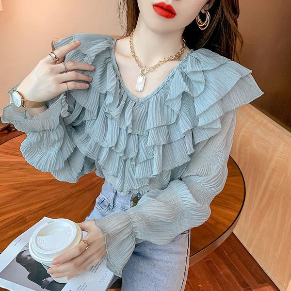 women's blouses & shirts french summer v-neck lotus chiffon female multi-layers fairy ruffled blouse long flare sleeve crop blusas muj, White
women's blouses & shirts french summer v-neck lotus chiffon female multi-layers fairy ruffled blouse long flare sleeve crop blusas muj, White