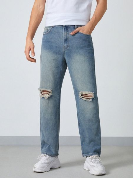 men zipper fly ripped straight leg jeans p80a#, Blue
men zipper fly ripped straight leg jeans p80a#, Blue