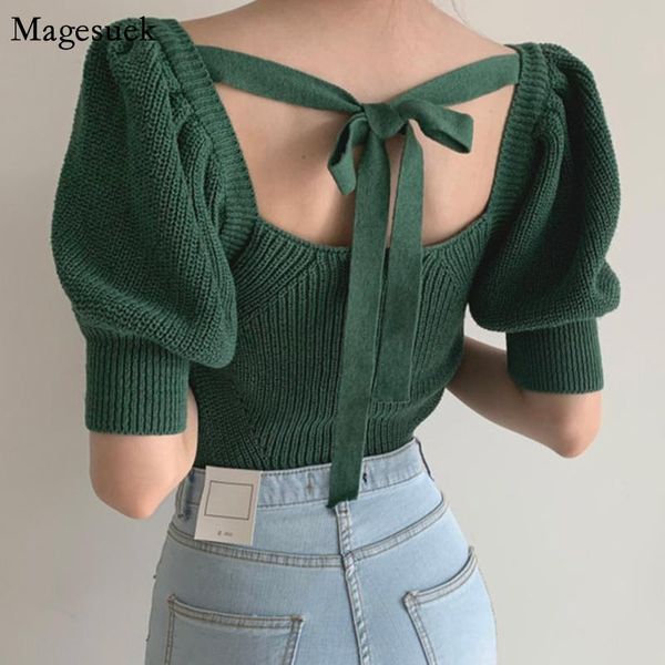 women's blouses & shirts korean chic backless knitted women fashion puff sleeve vintage blouse bow strap square collar woman shirt, White
women's blouses & shirts korean chic backless knitted women fashion puff sleeve vintage blouse bow strap square collar woman shirt, White