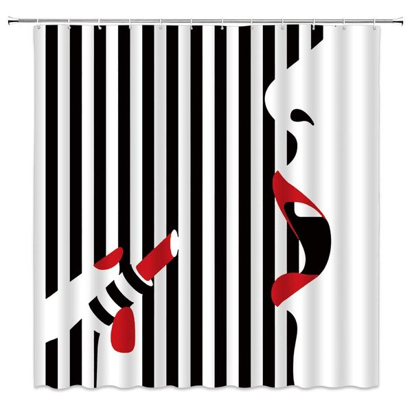 black white striped shower curtain woman putting lipstick on lips silhouette black and white striped background,70x70 inch
black white striped shower curtain woman putting lipstick on lips silhouette black and white striped background,70x70 inch