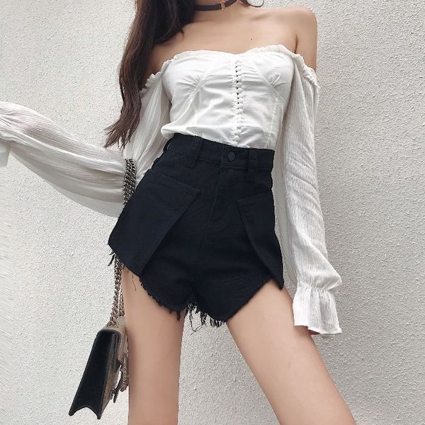 women's shorts denim 2021 summer new korean high waist rough edge a-line wide leg pants, White;black
women's shorts denim 2021 summer new korean high waist rough edge a-line wide leg pants, White;black