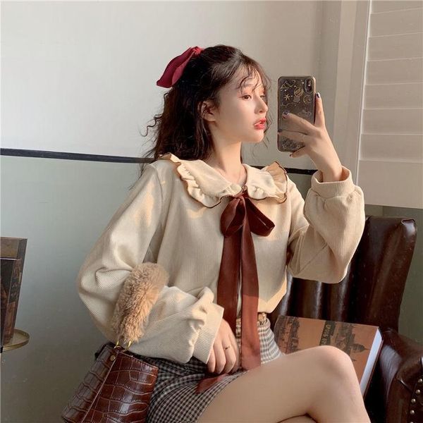 women's t-shirt 2021 autumn bowknot shirt wooden ear doll collar scheming design long sleeve student wear, White
women's t-shirt 2021 autumn bowknot shirt wooden ear doll collar scheming design long sleeve student wear, White