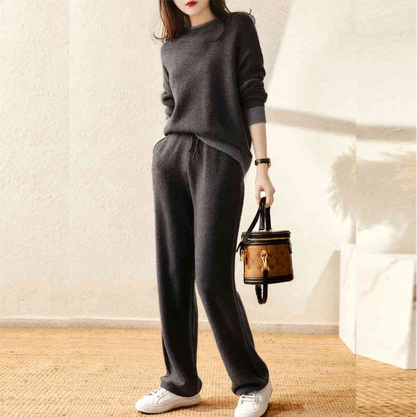 women's jumpsuits & rompers mastgou drawstring knitted wide leg straight pants suits chic o neck pullover sweater 2/two piece tracksui, Black;white