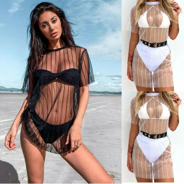 summer women swimsuit mesh striped bikini cover up swimwear party beach dress short sleeve ups women's, White;black 
summer women swimsuit mesh striped bikini cover up swimwear party beach dress short sleeve ups women's, White;black