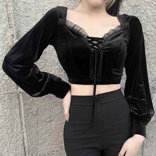 women's t-shirt vintage lace black goth bandage puff sleeve velvet t shirt harajuku aesthetic women hollow out cropped, White
women's t-shirt vintage lace black goth bandage puff sleeve velvet t shirt harajuku aesthetic women hollow out cropped, White