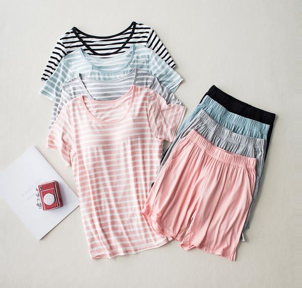 modal short sleeve pajamas set womens sleepwears with bra pad one piece half shorts striped large size home wear, Black;red
modal short sleeve pajamas set womens sleepwears with bra pad one piece half shorts striped large size home wear, Black;red