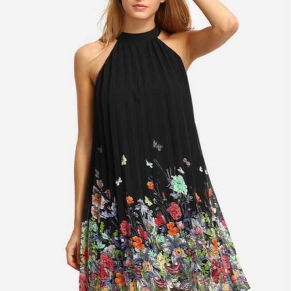 dress pleated women's flower sleeveless loose neckline positioning, White;black