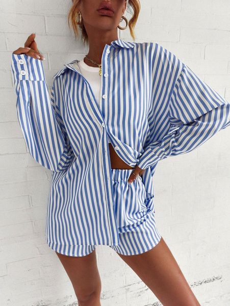 vertical striped drop shoulder blouse & shorts l0nf#, White
vertical striped drop shoulder blouse & shorts l0nf#, White
