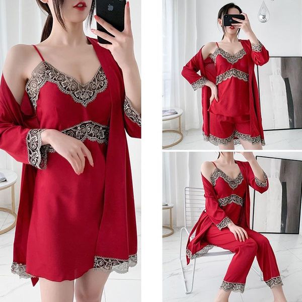 women's sleepwear night wear women set pajamas ice silk nightdress nightgown embroidery spring summer home service five pieces, Black;red
women's sleepwear night wear women set pajamas ice silk nightdress nightgown embroidery spring summer home service five pieces, Black;red