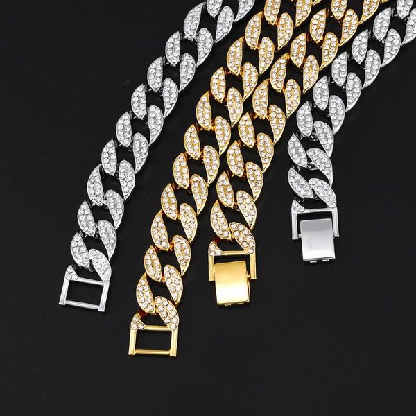 pendant necklaces hip hop miami curb iced out cuban chain necklace 15mm gold paved rhinestones cz bling rapper for men women jewelry, Silver