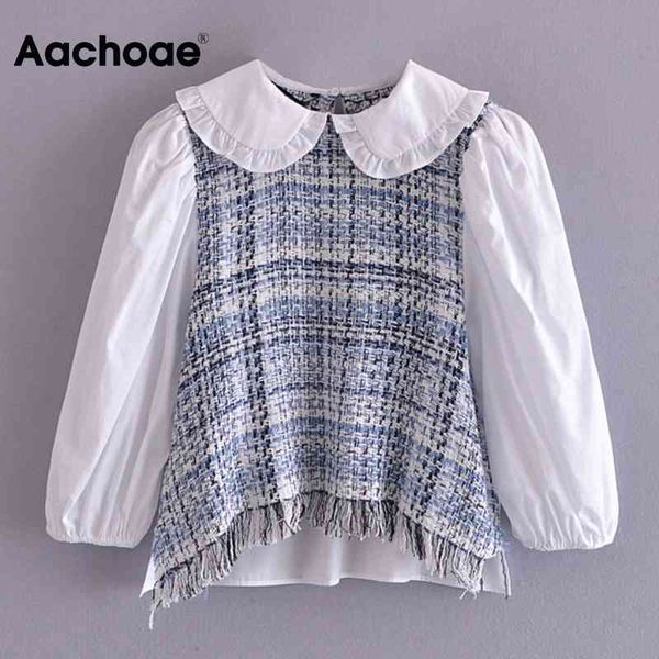 aachoae chic tweed patchwork blouse women chic puff sleeve tassel ladies peter pan collar fashion blouses shirts 210413, White
aachoae chic tweed patchwork blouse women chic puff sleeve tassel ladies peter pan collar fashion blouses shirts 210413, White
