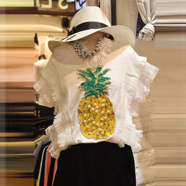 women's t-shirt korean 2021 summer bead sequin pineapple women elegant fashion loose batwing butterfly sleeve t shirts female, White
women's t-shirt korean 2021 summer bead sequin pineapple women elegant fashion loose batwing butterfly sleeve t shirts female, White