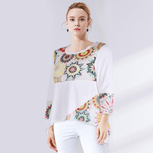 women's t-shirt women casual round-neck three-quarter sleeve clothes bohemian floral printed patch-work, White
women's t-shirt women casual round-neck three-quarter sleeve clothes bohemian floral printed patch-work, White