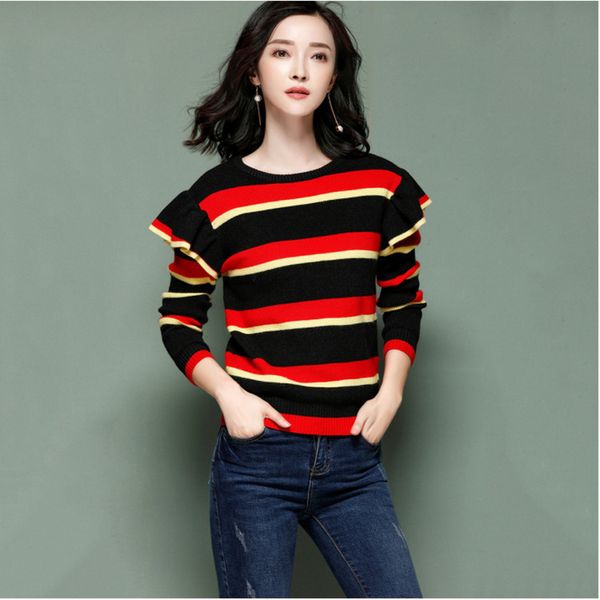 winter long sve black stripe crew neck sweater, size s, , l, 2020, White;black