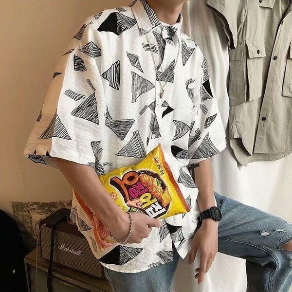 men's casual shirts hong kong style short-sleeved shirt high street trend men loose korean versatile summer geometric print blouse, White;black
men's casual shirts hong kong style short-sleeved shirt high street trend men loose korean versatile summer geometric print blouse, White;black