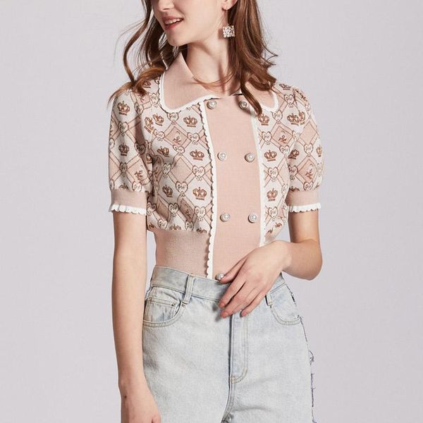 women's t-shirt women cropped cardigan 2021 summer knit shirt lapel double breasted short sleeve geometric jacquard jacket, White
women's t-shirt women cropped cardigan 2021 summer knit shirt lapel double breasted short sleeve geometric jacquard jacket, White
