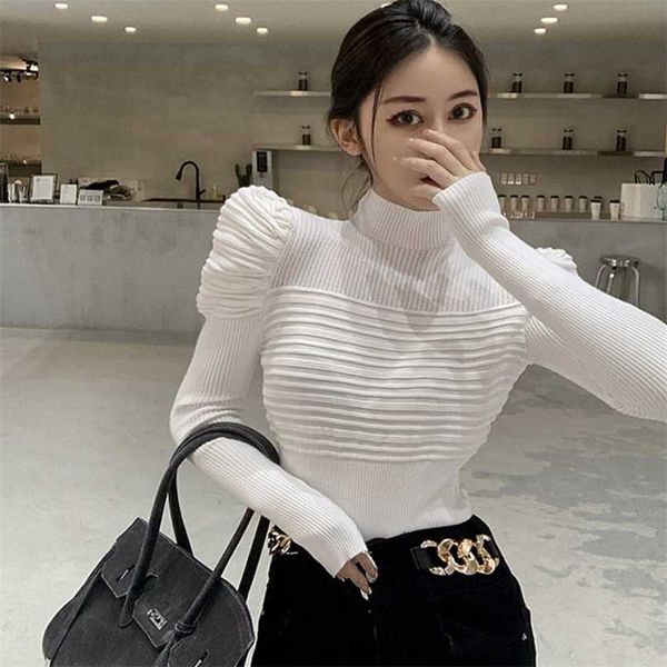 knitted pullovers turtleneck slim fit fashion sweaters for women sweet puff sleeve white/black jumper fall clothes pull femme 211214
knitted pullovers turtleneck slim fit fashion sweaters for women sweet puff sleeve white/black jumper fall clothes pull femme 211214
