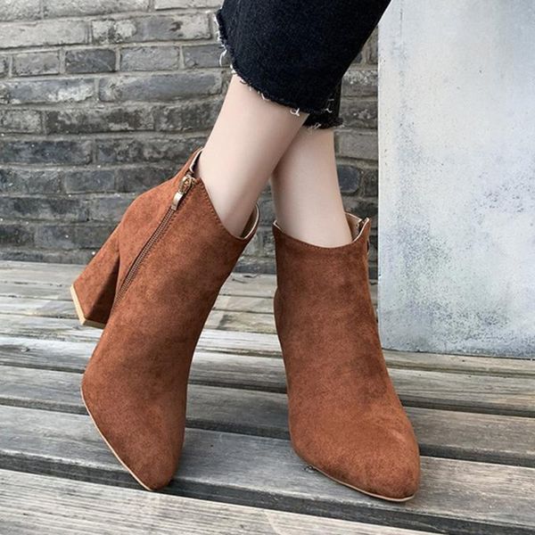 boots fashion brown pure color socks pointed toe suede zipper square heels vintage women keep warm short botas mujer, Black
boots fashion brown pure color socks pointed toe suede zipper square heels vintage women keep warm short botas mujer, Black