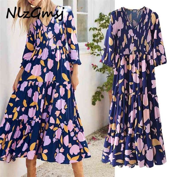 summer dres fashion floral print v neck three quarter sleeve midi dresses woman ruffles vestido 05 210628, Black;gray 
summer dres fashion floral print v neck three quarter sleeve midi dresses woman ruffles vestido 05 210628, Black;gray