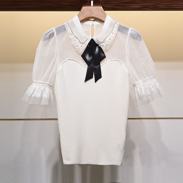 women's t-shirt summer lapel bow sleeves of five transparent points mesh income sweet sweater female x6ty, White
women's t-shirt summer lapel bow sleeves of five transparent points mesh income sweet sweater female x6ty, White