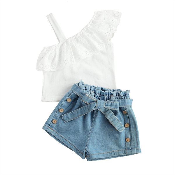 summer fashion kids girls clothes sets 2pcs lace strap one shoulder ruffle belted denim shorts set 1 6y, White
summer fashion kids girls clothes sets 2pcs lace strap one shoulder ruffle belted denim shorts set 1 6y, White