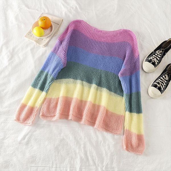 korean style rainbow women womens sweaters harajuku stripes o neck streetwear casual vintage spliced pullovers loose kintting top, White;black 
korean style rainbow women womens sweaters harajuku stripes o neck streetwear casual vintage spliced pullovers loose kintting top, White;black