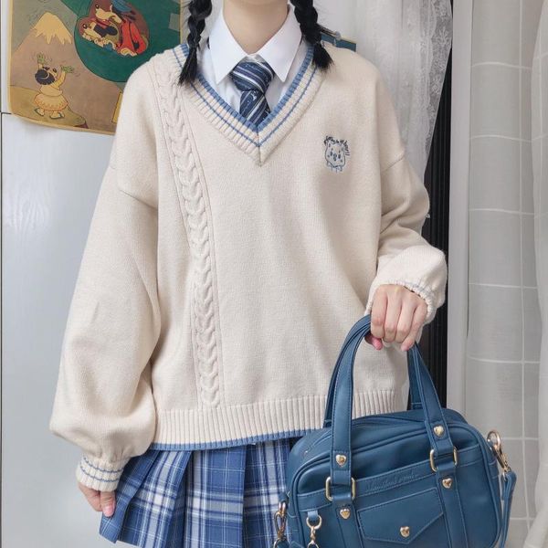 women's sweaters harajuku cashmere v neck sweater women vintage kawaii long sleeve school uniform pullover girl cute blue pink knit jum, White;black
women's sweaters harajuku cashmere v neck sweater women vintage kawaii long sleeve school uniform pullover girl cute blue pink knit jum, White;black