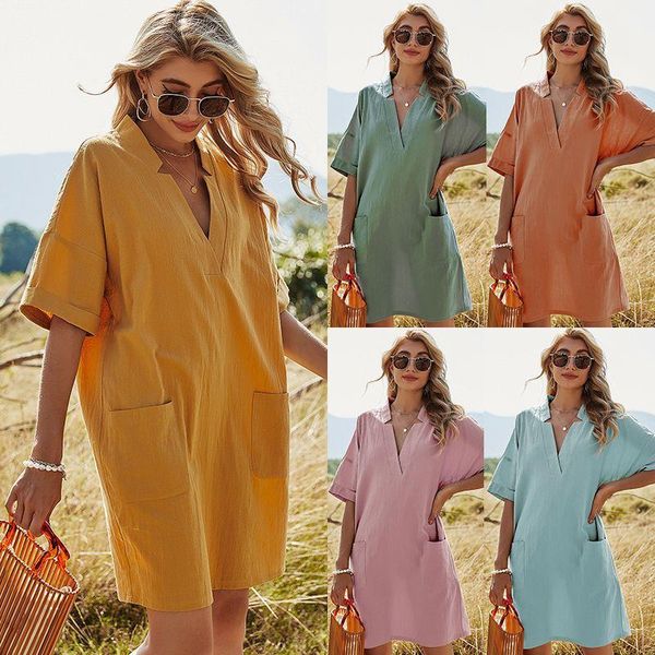 casual dresses 2021 european and american women's loose short-sleeved dress with solid color v-neck akimbo pocket, Black;gray
casual dresses 2021 european and american women's loose short-sleeved dress with solid color v-neck akimbo pocket, Black;gray