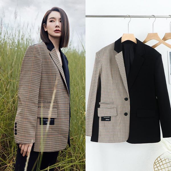 women's suits & blazers patchwork women black spliced plaid suit jacket 2021 autumn winter fashion ladies long oversized blazer coat, White;black
women's suits & blazers patchwork women black spliced plaid suit jacket 2021 autumn winter fashion ladies long oversized blazer coat, White;black