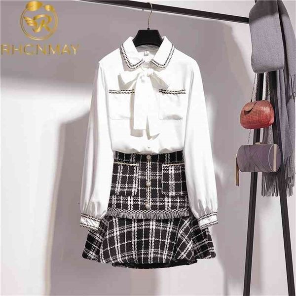 women 2 piece set spring white chiffon bowknot shirt + black plaid tweed mermaid skirt 210520
women 2 piece set spring white chiffon bowknot shirt + black plaid tweed mermaid skirt 210520