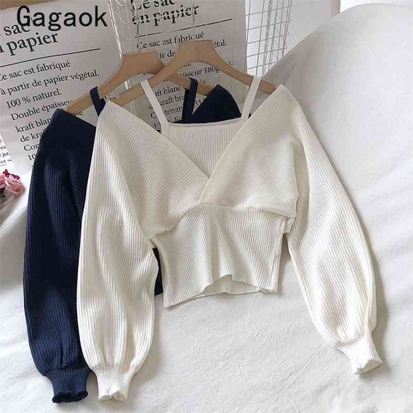women fake two sweater spring autumn v-neck full short lantern sleeve knitted sweaters slim korean pullover 210531, White;black
women fake two sweater spring autumn v-neck full short lantern sleeve knitted sweaters slim korean pullover 210531, White;black