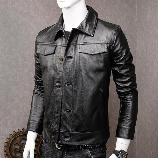 men's leather & faux mens biker cow coat single breasted short slim fit real jacket male cowhide business work casual outwear, Black
men's leather & faux mens biker cow coat single breasted short slim fit real jacket male cowhide business work casual outwear, Black