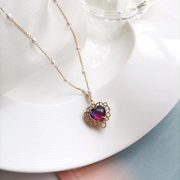 chains creative simple retro love shape necklace purple zircon pendant fashion imitation pearl women's accessories gift, Silver
chains creative simple retro love shape necklace purple zircon pendant fashion imitation pearl women's accessories gift, Silver