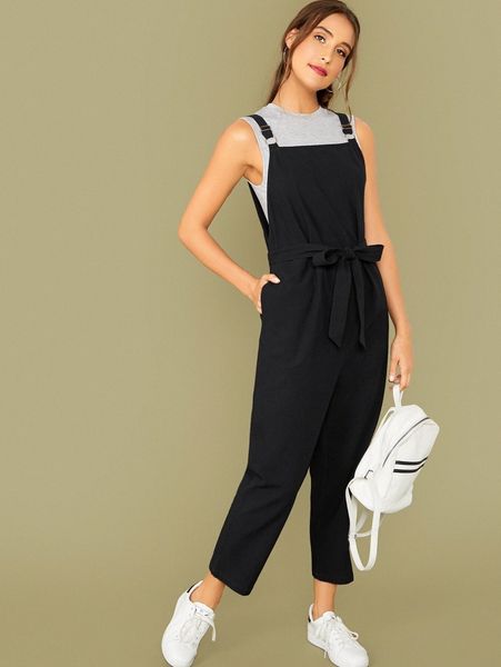 pocket side belted overall jumpsuit u63p#, White