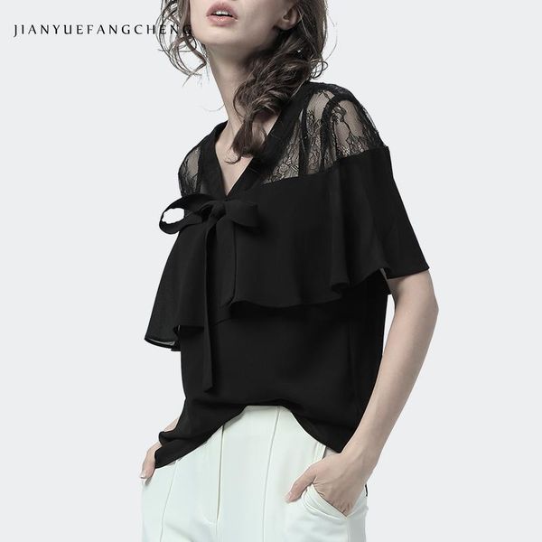women's blouses & shirts japanese bow-knot lace-up black lace blouse dangling style short sleeve v-neck women' shirt hollow out fl, White 
women's blouses & shirts japanese bow-knot lace-up black lace blouse dangling style short sleeve v-neck women' shirt hollow out fl, White
