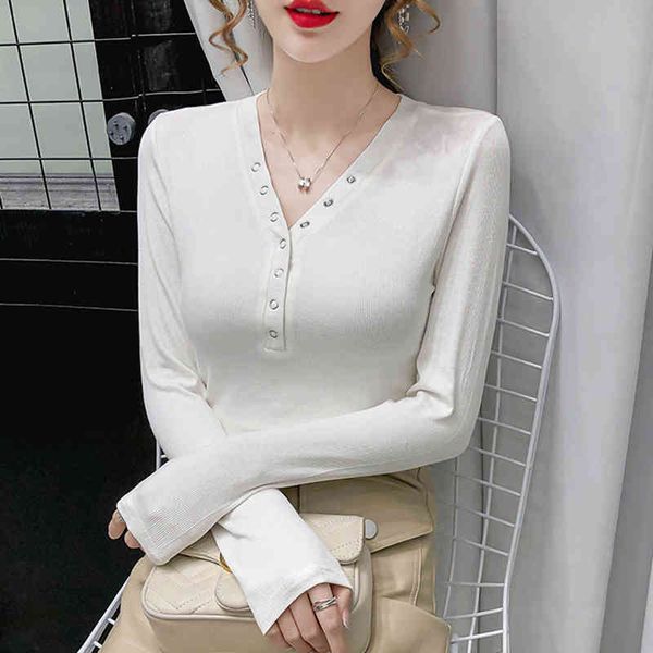 women's t-shirt shintimes v-neck rivet button t women cotton long sleeve womens fall woman female tee femme vfsp, White
women's t-shirt shintimes v-neck rivet button t women cotton long sleeve womens fall woman female tee femme vfsp, White