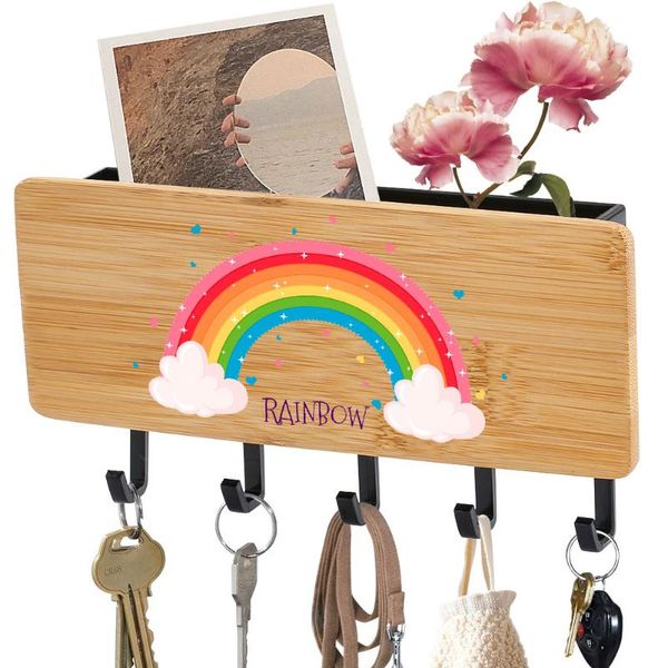 wooden storage rack wall-mounted key hook lovely rainbow print black white 5 hooks durable practical hangers non-folding holders & rails 
wooden storage rack wall-mounted key hook lovely rainbow print black white 5 hooks durable practical hangers non-folding holders & rails