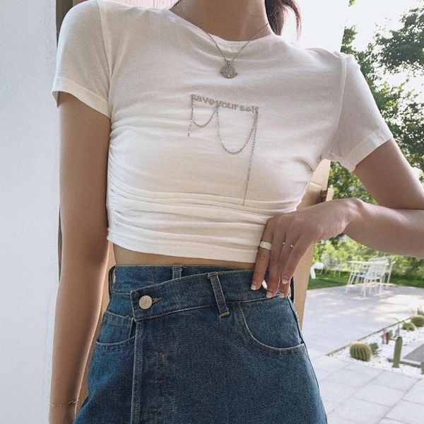 summer women's t-shirt 2021 short-sleeved personality metal chain folds waist thin short 2 colors, White
summer women's t-shirt 2021 short-sleeved personality metal chain folds waist thin short 2 colors, White