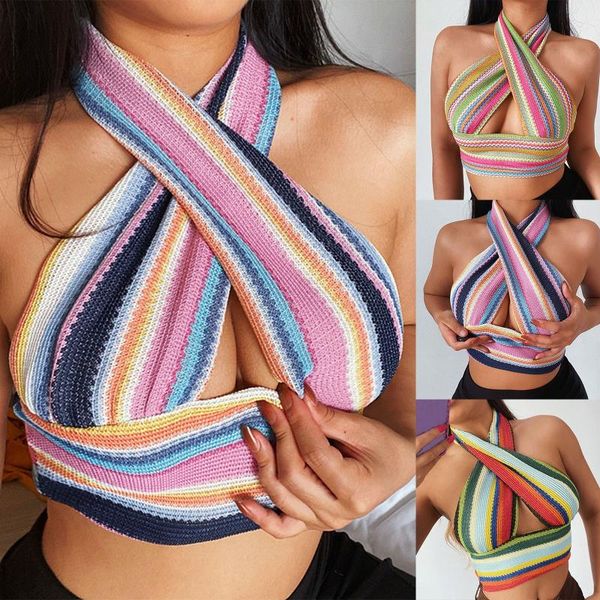 women's blouses & shirts multicolor stripe halter v-neck vest tank top, White
women's blouses & shirts multicolor stripe halter v-neck vest tank top, White