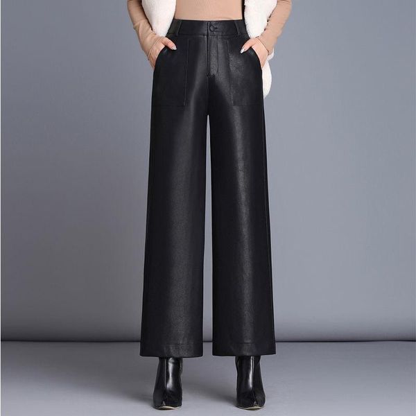 

women's pants & capris women 2021 autumn fashion wide leg genuine leather pant female zipper casual losse trouser ladies solid color x2, Black;white