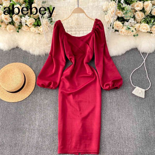 women elegant solid dress french square collar puff sleeve slim es autumn korean streetwear split 210512, Black;gray
women elegant solid dress french square collar puff sleeve slim es autumn korean streetwear split 210512, Black;gray