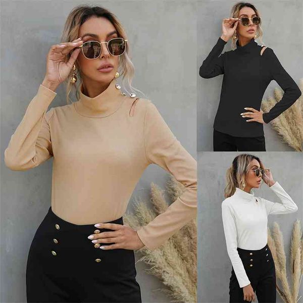 women's spring and autumn high-neck button long-sleeved t-shirt fashion slim solid color white khaki black pullover tshirts 210517
women's spring and autumn high-neck button long-sleeved t-shirt fashion slim solid color white khaki black pullover tshirts 210517