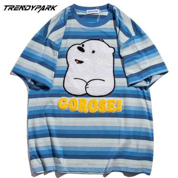 men streetwear striped t-shirt embroidery flocking bear print t shirt harajuku cotton summer short sleeve tshirt casual 210601, White;black
men streetwear striped t-shirt embroidery flocking bear print t shirt harajuku cotton summer short sleeve tshirt casual 210601, White;black