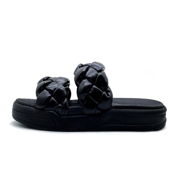 large size 43 fashion woven slippers; 2021 summer women's flat shoes outdoor slippers, Black