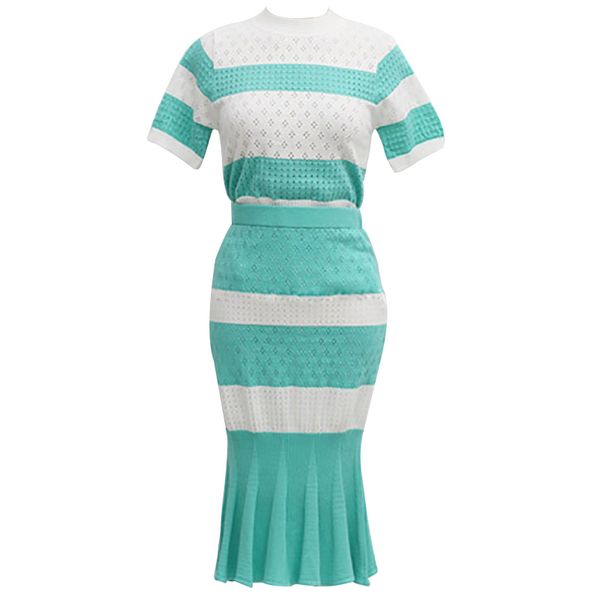 green striped patchwork knitted o neck short sleeve elastic waist mermaid knee length skirt two piece set t0161 210514, White
green striped patchwork knitted o neck short sleeve elastic waist mermaid knee length skirt two piece set t0161 210514, White