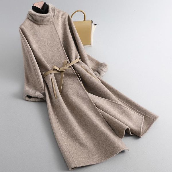 women's wool & blends mink collar, leather belt, double faced cashmere overcoat for autumn and winter dress in 2021, Black
women's wool & blends mink collar, leather belt, double faced cashmere overcoat for autumn and winter dress in 2021, Black