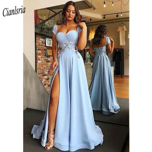 party dresses light blue sweetheart evening dress 2021 cap sleeve satin high split appliques dubai arabic long formal, White;black