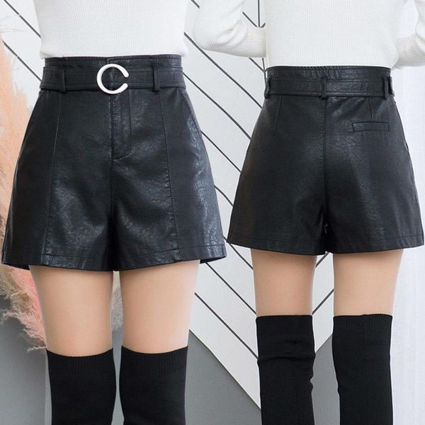 women's shorts pu leather high waist women black with belt casual short fashion streetwear ladies spring autumn y32, White;black
women's shorts pu leather high waist women black with belt casual short fashion streetwear ladies spring autumn y32, White;black